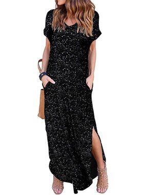 Women Foil Silver Summer Maxi Long Dress Casual Loose Short Sleeve Split Pocket